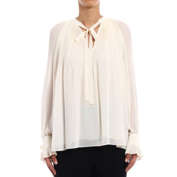 Tory Burch Meryl Pleated Chiffon French Cuff Blouse Ivory Size Medium - Picture 1 of 9
